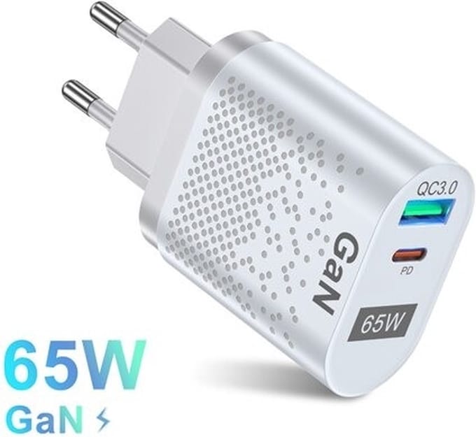 DrPhone WL12 GaN 65W Thuislader – Qualcom 3.0/4.0 & USB C PD 3.0 33W Oplader – USB Oplader – 2 poorts – Wit