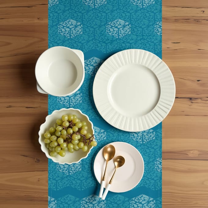 ABAKUHAUS Abstracte tafelloper – druppels blauwe hexagonen – 40×180 cm