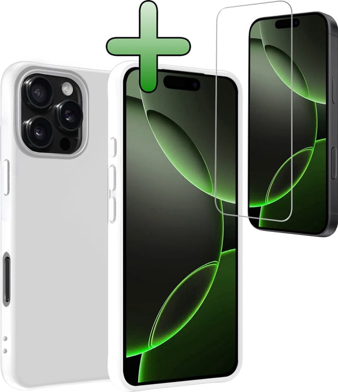 Hoesje Met Screenprotector - Geschikt voor Apple iPhone 16 Pro Max - Sterk & Shockproof - Back Cover - Siliconen Case - Telefoon Hoes - Wit