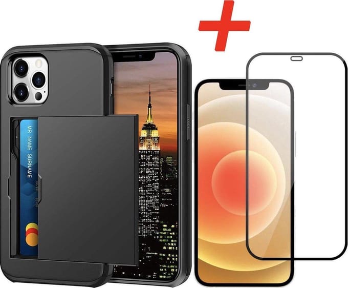 Pasjeshouder geschikt voor Apple iPhone 13 Pro Max - Zwart - met Glazen Screenprotector