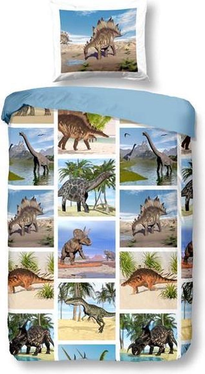 Snoozing Dinosaur - Flanel - Dekbedovertrek - Eenpersoons - 140x200/220 cm + 1 kussensloop 60x70 cm - Multi kleur