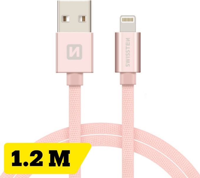 Swissten Lightning Oplaadkabel 1,2 meter – voor iPhone & iPad – Gevlochten Nylon USB-A Kabel – Roze