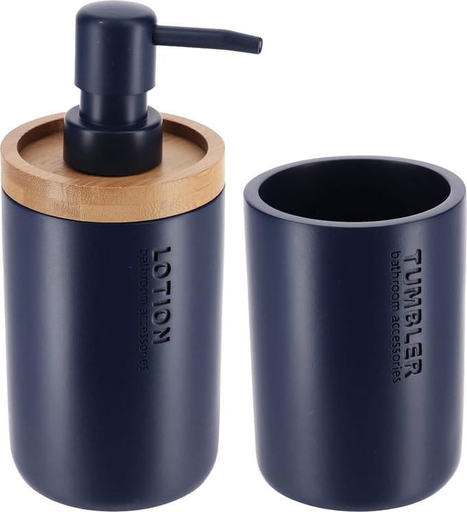 Tendance Badkamer accessoires set 2-delig - Polyresin/bamboe - blauw - robuust - matte coating - luxe set
