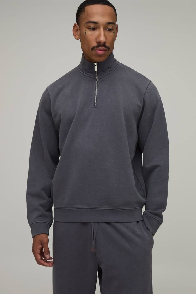 Heavyweight 480gsm Regular Fit 1/4 Rits Gewassen Col Trui | Washed Charcoal | Size Large