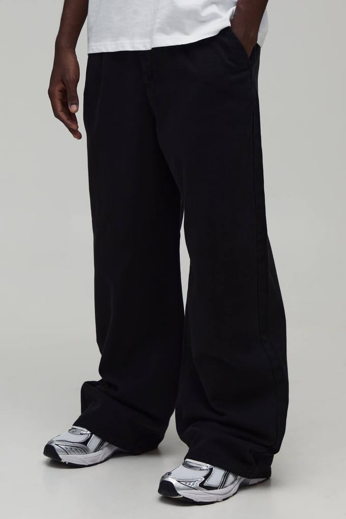 Plus Wide Fit Broek met Half & Half Tailleband van gewassen twill | Black | Size 2XL