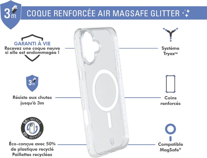 Force Case, Hoesje geschikt voor iPhone 16 - MagSafe AIR Versterkt Tryax System 3m met Glitters, Transparant