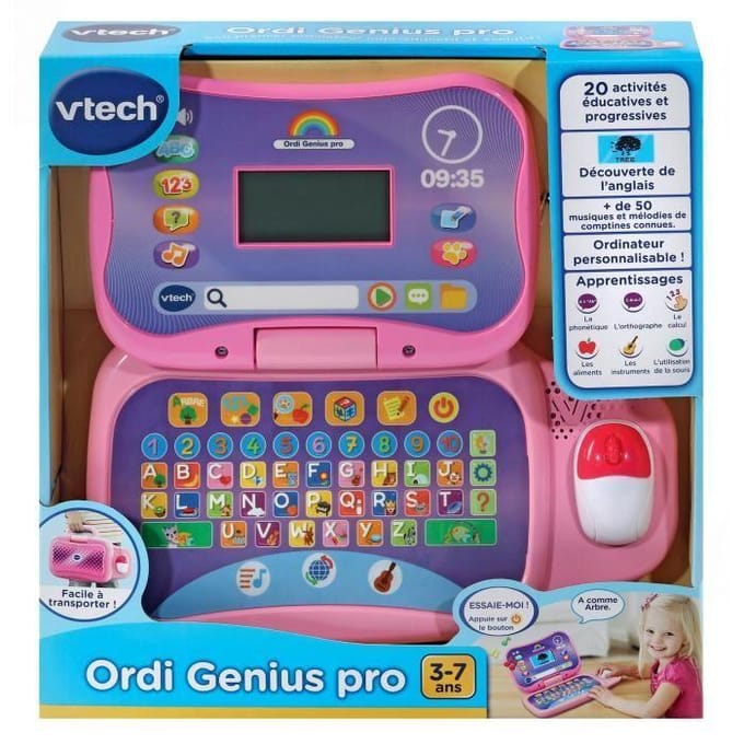 VTECH ORDI GENIUS PRO ROZE educatieve computer voor kinderen van 3 tot 7 jaar met muis en 20 activiteiten inbegrepen