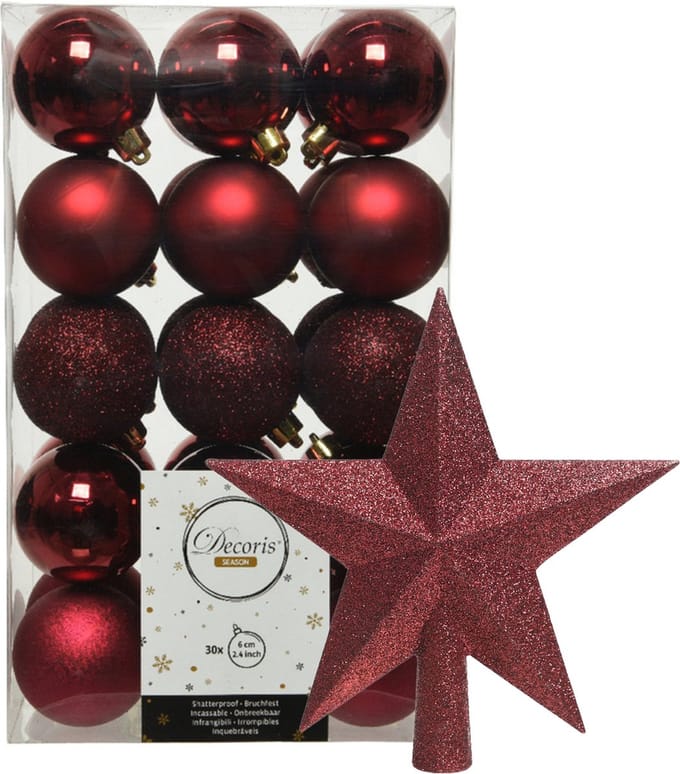 Kerstballen - 30x stuks - incl. ster piek - donkerrood - kunststof
