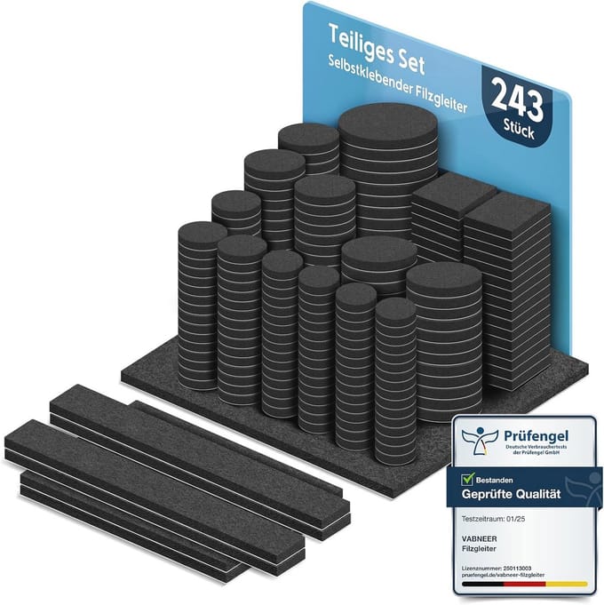 Zelself adhesive felt pads, 243 pieces, 5 mm thick floor protectors for chairs, round and square in various sizes, scratch protection and soundproofing