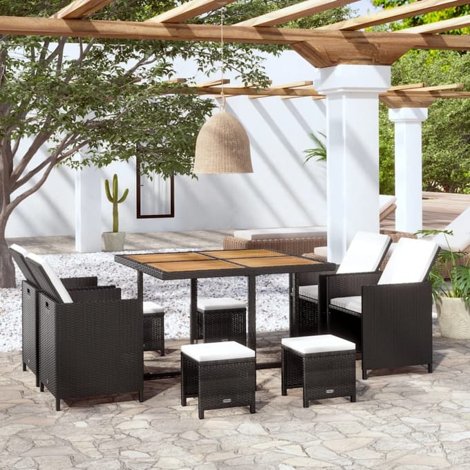 vidaXL - 9-delige - Tuinset - poly - rattan - en - acaciahout - zwart