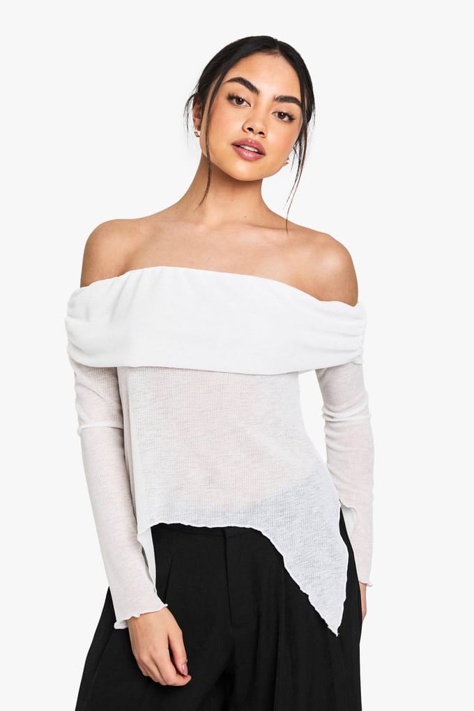 boohoo Dames Transparante Mesh Bardot Top met Drape Detail | White | Maat: 8