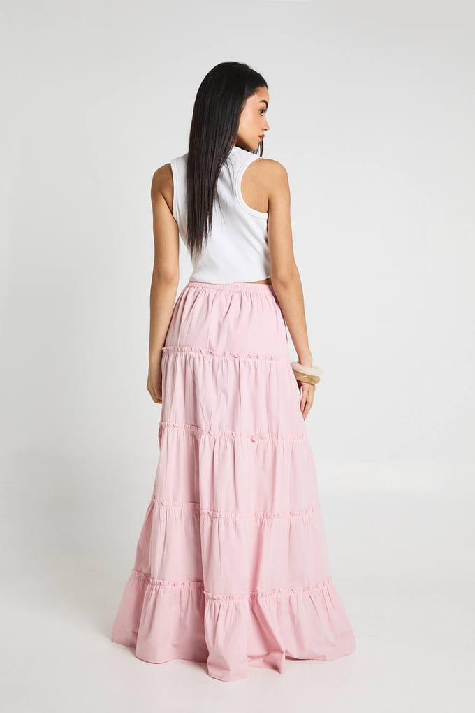 boohoo Dames Gelaagde Katoenen Popeline Maxi Rok | Roze | Maat: 36