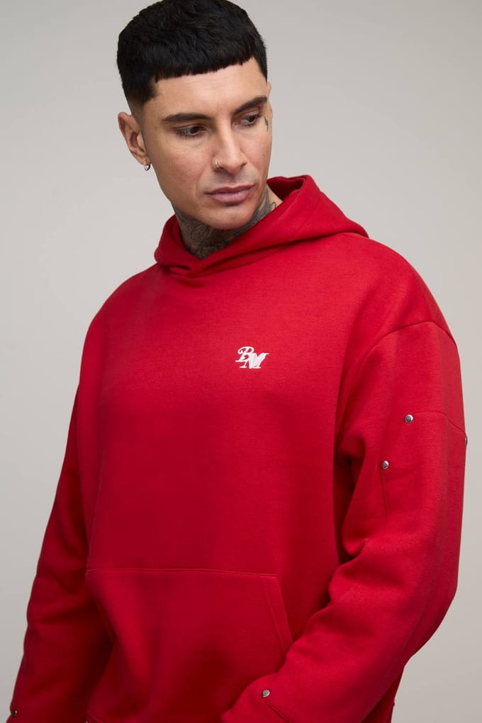 Tall Oversized Boxy BM Panelled Hoodie | Red | Size Small