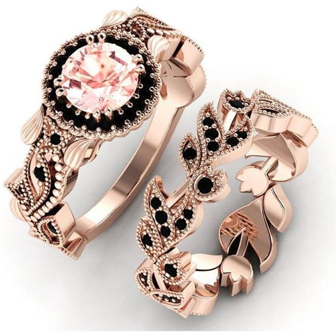 Mode Dames Bloem Blad Ingelegd Poeder Zirkoon Ring Creatieve Rose Goud Kleur Bladeren Ontwerp Bruids Verlovingsring Set 8 beige