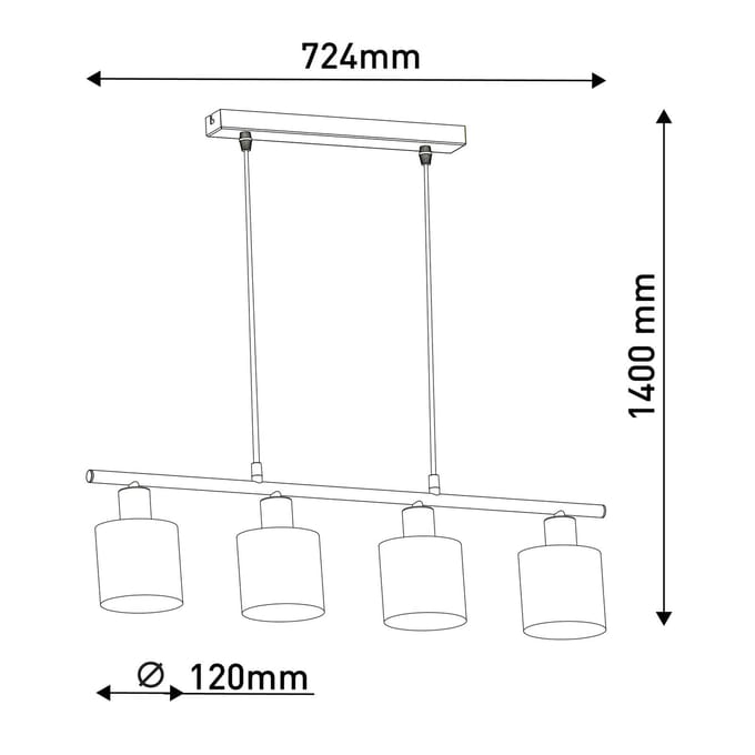 Hanglamp Plafondlamp "Maron" 4 spots lengte 72 cm Hoogte 140cm Textiel Chroom Grijs