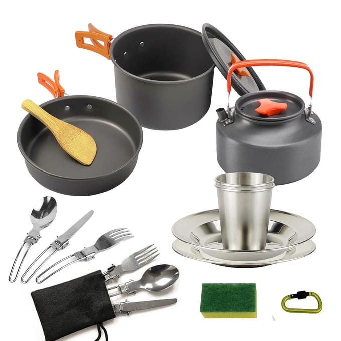Amazon Outdoor Camping Theepot Set Draagbare Picknick Kookgerei Plaat Combo Camping Pot oranje