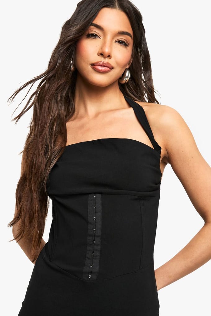 boohoo Dames Bengaline Halterneck Korset Jumpsuit | Black | Maat: 14