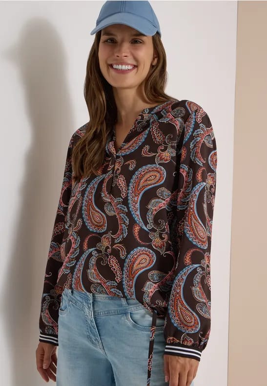 Blouse met lange mouwen, split in de hals en print
