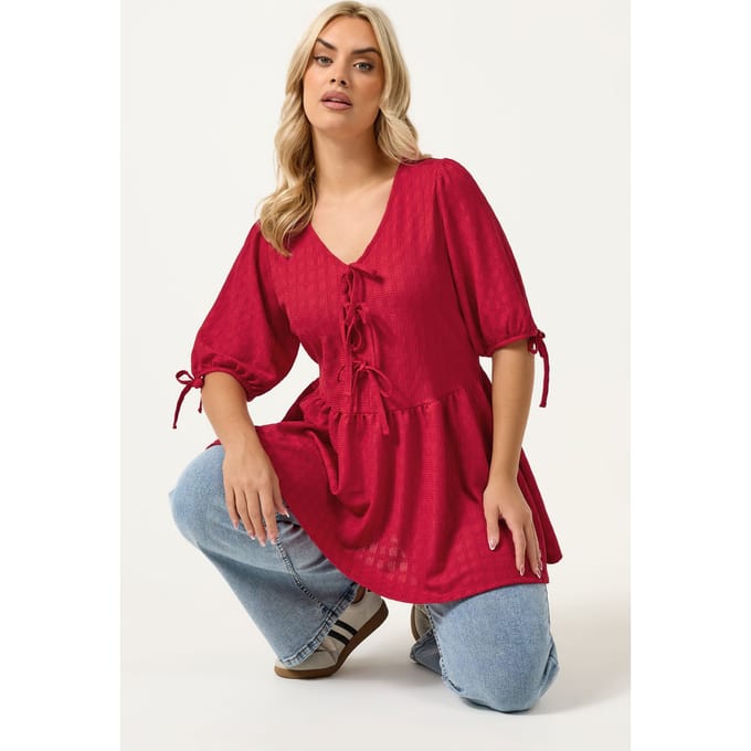Yours Rode Getextureerde Top Met Strik Aan De Voorkant Size 58-60
