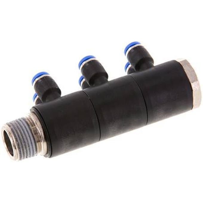 4mm x R3/8'' 6-way Manifold Messing/PA 66 Insteekfitting Buitendraad Draaibaar NBR