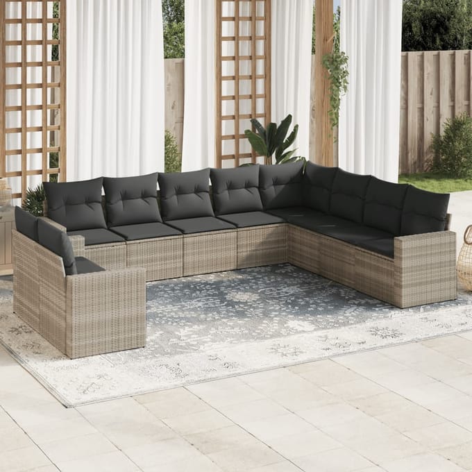 vidaXL - 10-delige - Loungeset - met - kussens - poly - rattan - lichtgrijs