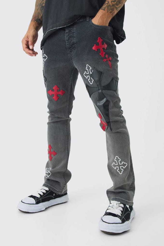 Skinny Stretch Flare Cross Applique Jeans | Charcoal | Size 52R