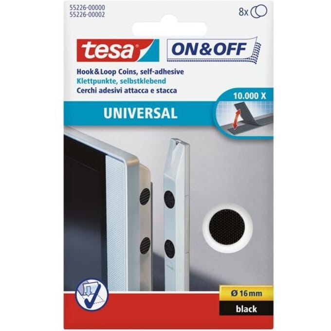 TESA On & Off 55226-00-01 Klittenband punten Om vast te plakken Haak- en lusdeel (Ø) 16 mm Zwart 8 paar