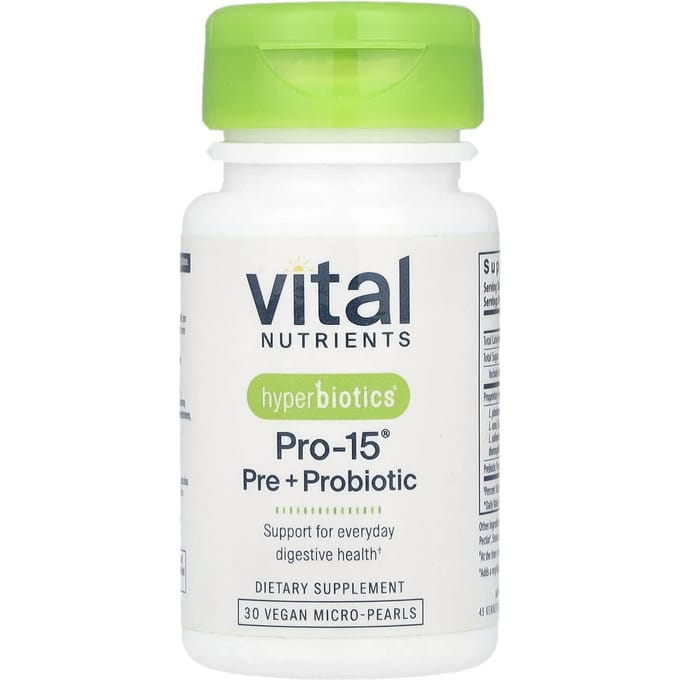 Essentiële Voedingsstoffen, Hyperbiotics®, Pro-15®, Prebioticum + Probioticum, 30 Vegan Micro-Parels