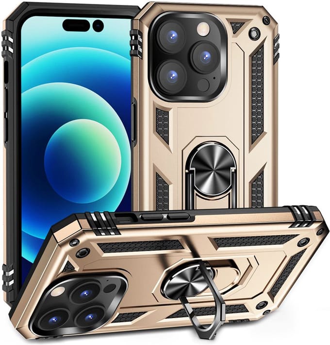 MobyDefend Hoesje - Geschikt voor iPhone 14 Pro - Pantsercase Met Draaibare Ring - Goud