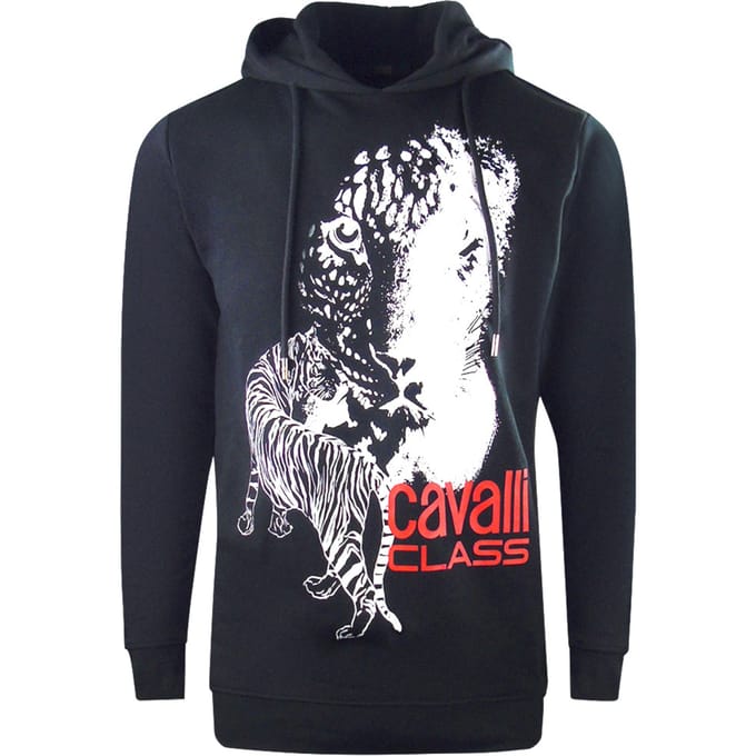 Marineblauwe hoodie met Cavalli-klasse groot tijgerlogo