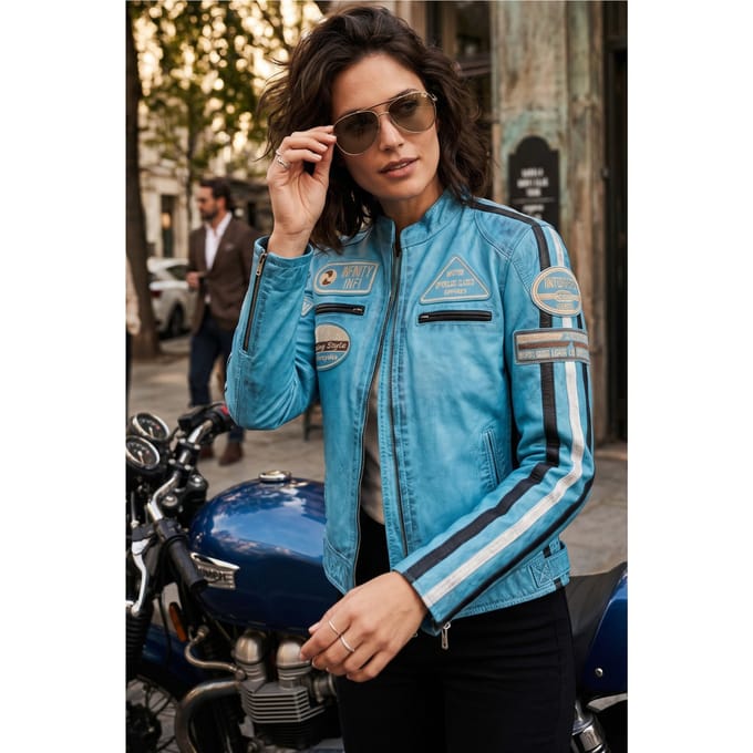 Dames Biker Racing Badges Blauw Leren Jas-Esdoorn