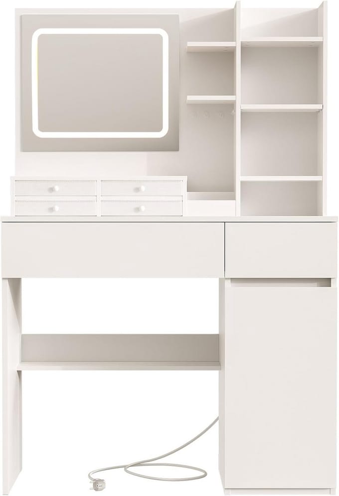 Kaptafel met LED Spiegel - Make-up Tafel Bureau - Schoonheid Verfraaien - Verstelbare Helderheid - 90x40x136cm - Wit