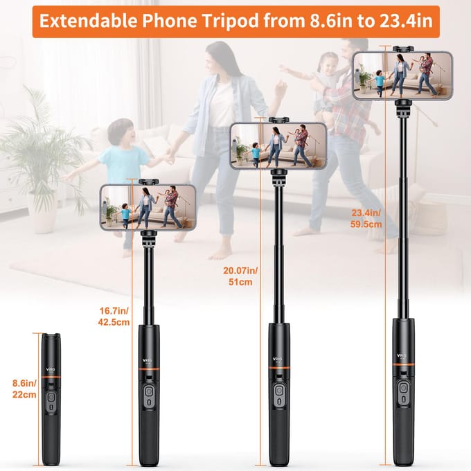 VRIG TP-19 Uitschuifbaar Selfie Stick Statief voor Telefoon Max. Lengte 59.5cm/23.4in met Afstandsbediening zwart