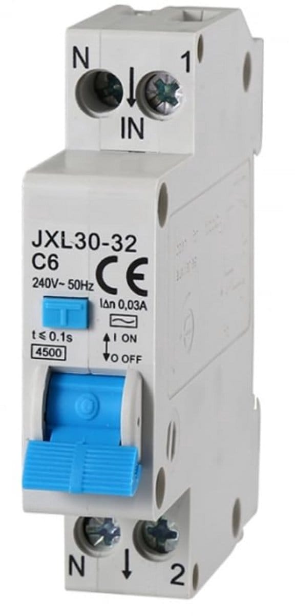 Differentiaalstroomschakelaar 1P+N 6A 30mA 220V 4.5KA 1 module DIN Montage