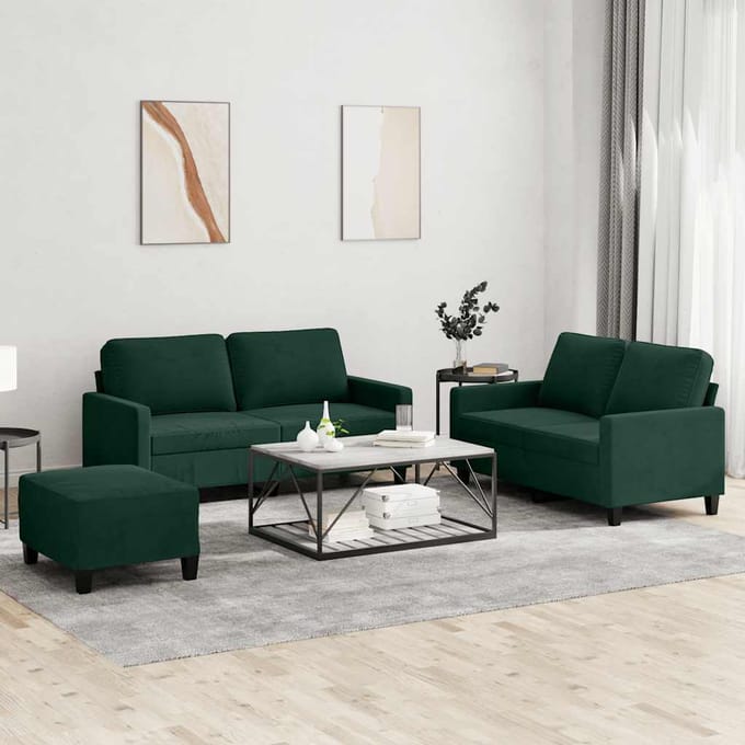 vidaXL - 3-delige - Loungeset - met - kussens - fluweel - donkergroen