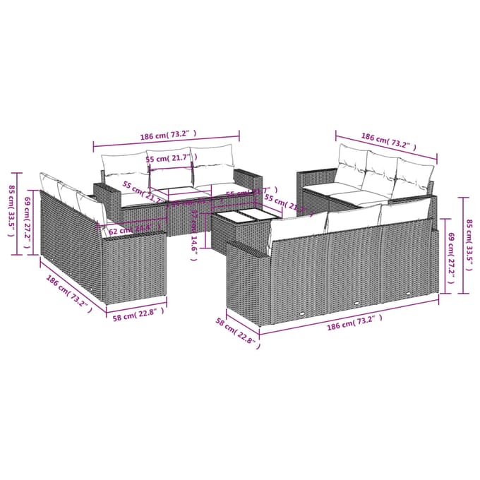 vidaXL - 13-delige - Loungeset - met - kussens - poly - rattan - bruin