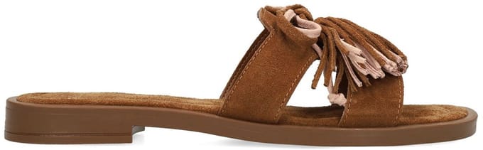 Manfield - Dames - Cognac suède slippers met franjes - Maat 41