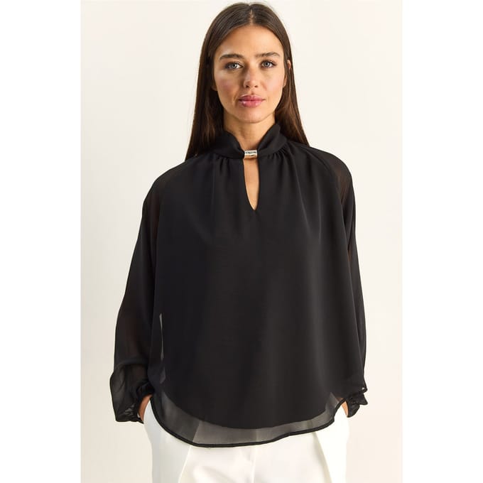 Mandarijnkraag Chiffon Blouse met Steenaccessoire