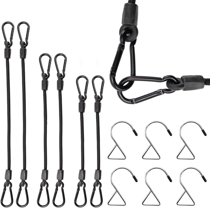 Set van 6 Elastische Carabiner Expander met Haak 30 60 90 cm voor Zonnescherm, Tuin en Camping