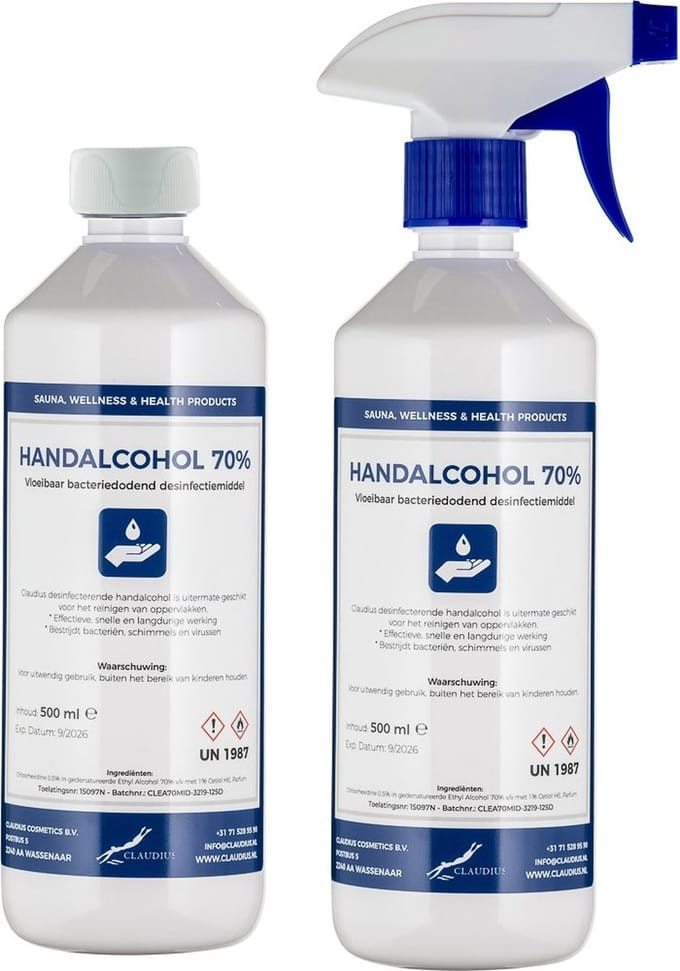 Handalcohol spray 70% - 500 ml met spraykop + 500 ml met dop