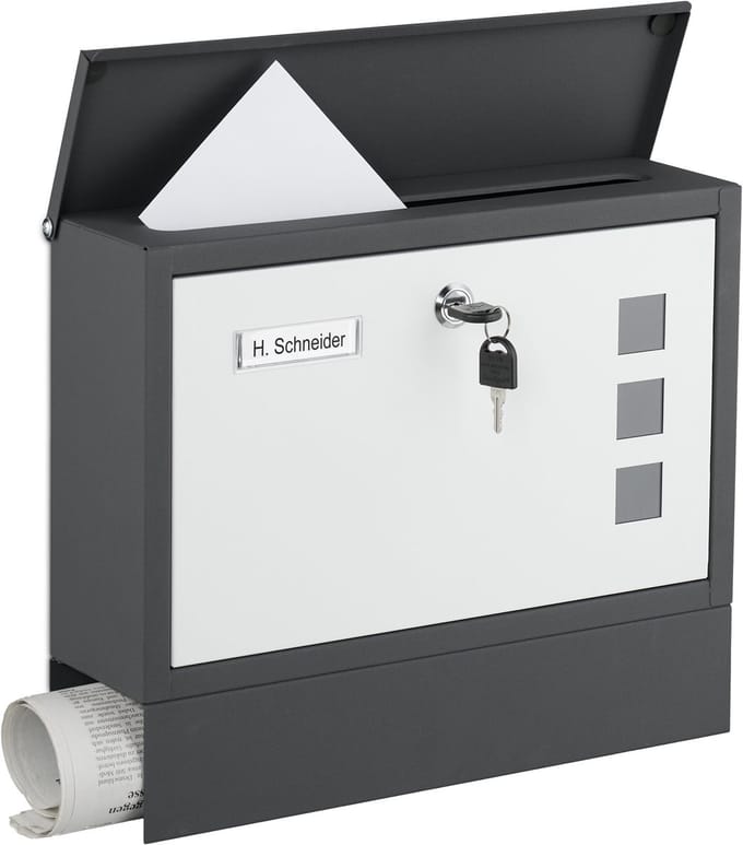Brievenbus met slot - 30 x 36 x 11 cm - krantenvak - 4 sleutels - antraciet