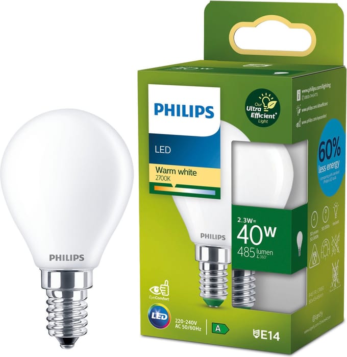 Philips Ultra Efficient LED - Kogellamp - Mat - 40W - E14 fitting - warmwit licht - Energielabel A