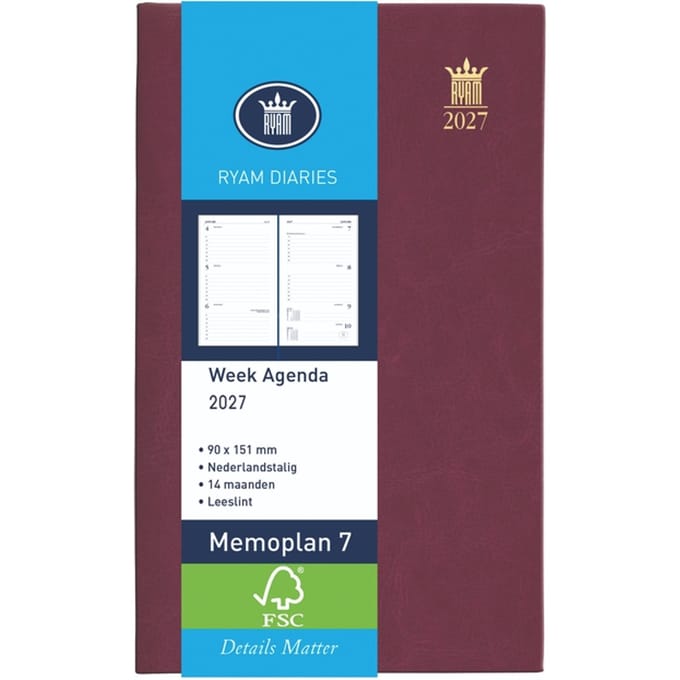 Agenda 2025 Ryam Memoplan 7 Suprema 7dagen/2pagina's bordeaux