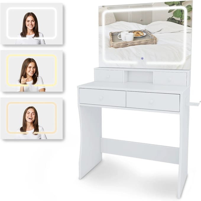 Kaptafel met Spiegel en LED verlichting - 80x40x140cm - Wit - Ingebouwde Stopcontact