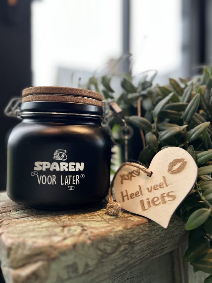 Creaties van Hier - Luxe Spaarpot met houten hartje - Sparen voor later - Glas