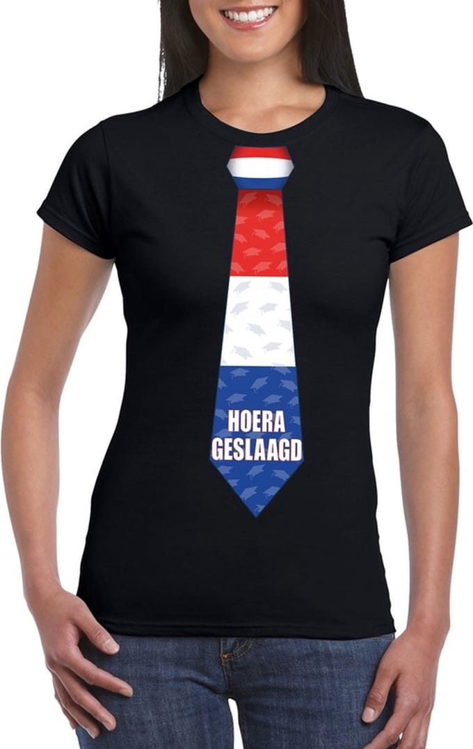 Geslaagd t-shirt zwart met stropdas dames S