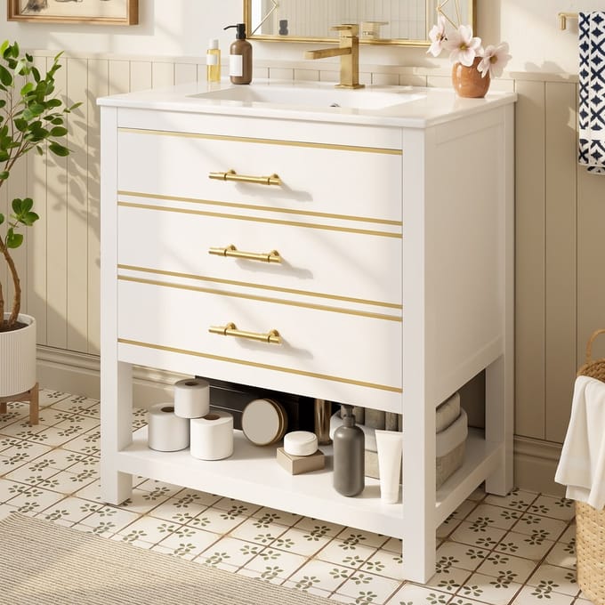 MODFU Badkamermeubel Met Keramische Wastafel - 2 Laden En Open Vak - Modern - MDF - Wit En Goud - 76 cm