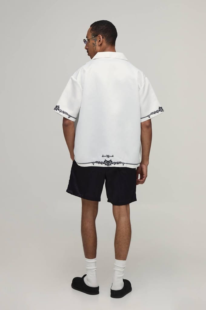 Oversized Short Sleeve Floral Boarder Print Satin Shirt & Short Set | Black | Size Medium