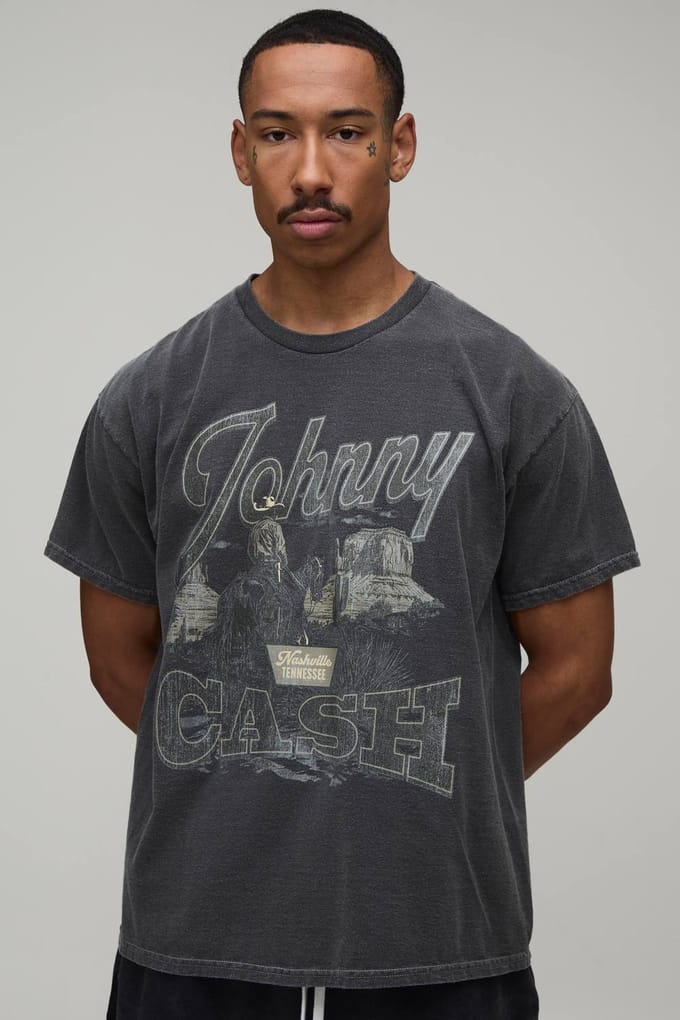 Oversized Gewassen Johnny Cash Print T-shirt | Washed Charcoal | Size XS