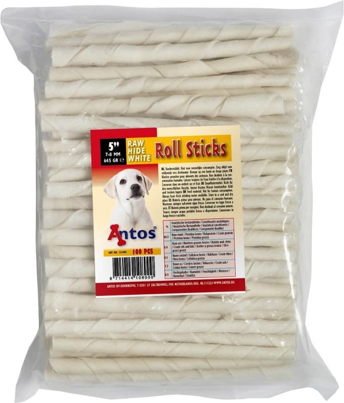 Antos Raw Hide White Roll Sticks 7-8mm - hondensnack - 100 stuks